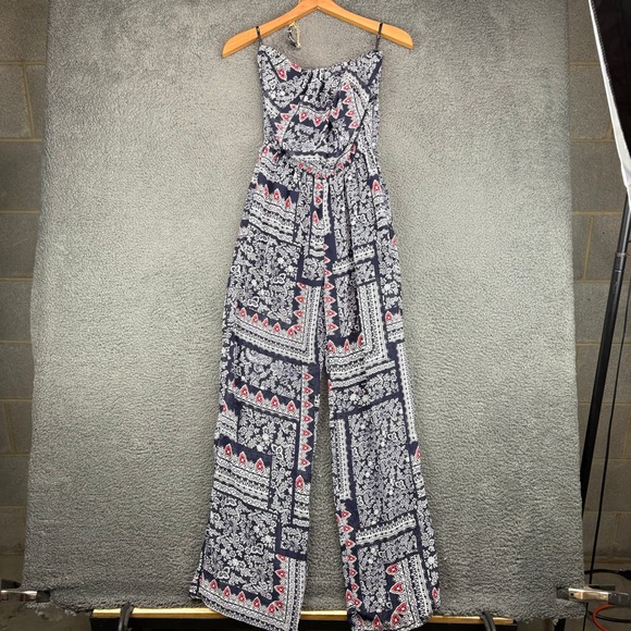 Iris Los Angeles Pants - Iris Los Angeles Womens Blue Paisley Boho Strapless Jumpsuit Medium Wide Leg